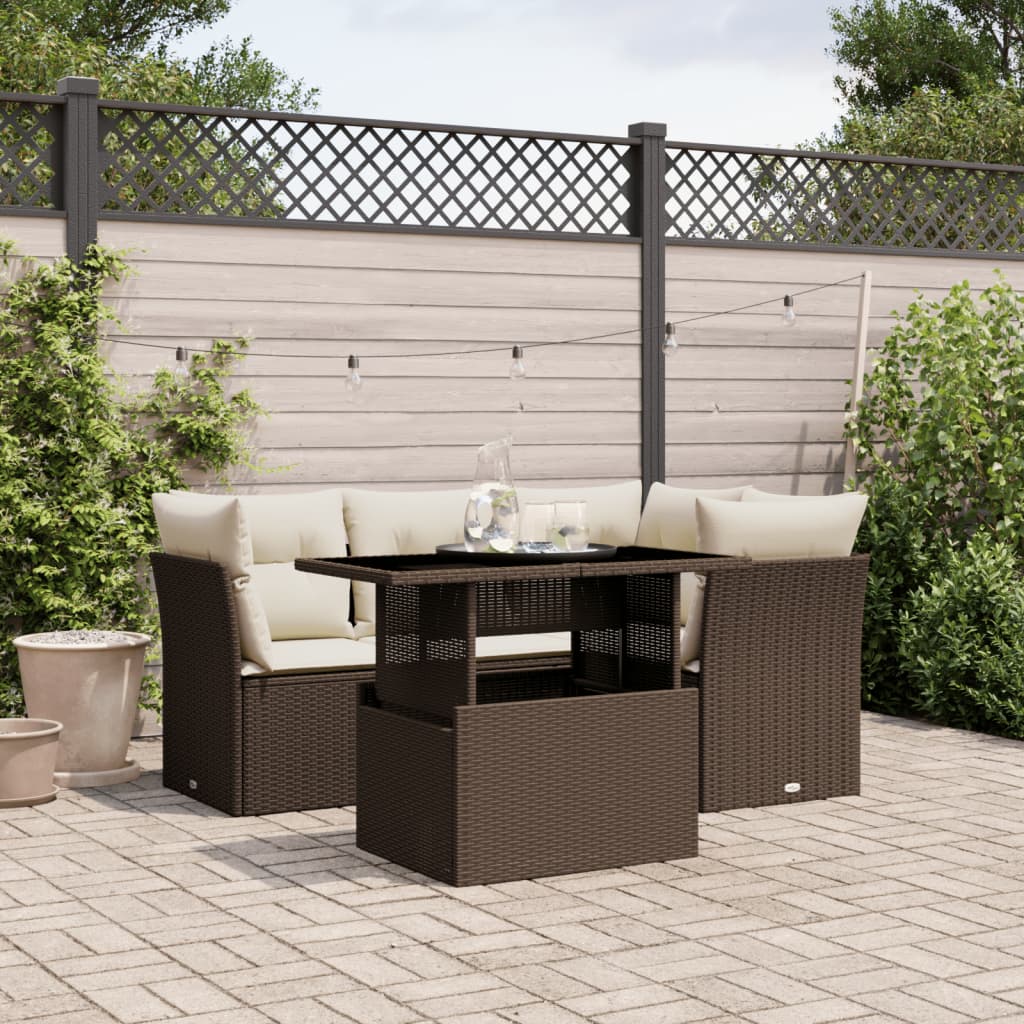 5 Pcs conjunto sofás p/ jardim c/ almofadões vime PE castanho