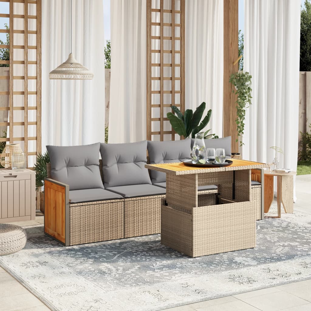 5 Pcs conjunto de sofás p/ jardim com almofadões vime PE bege