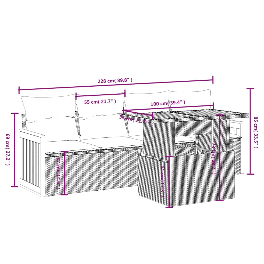 5 Pcs conjunto de sofás p/ jardim com almofadões vime PE bege