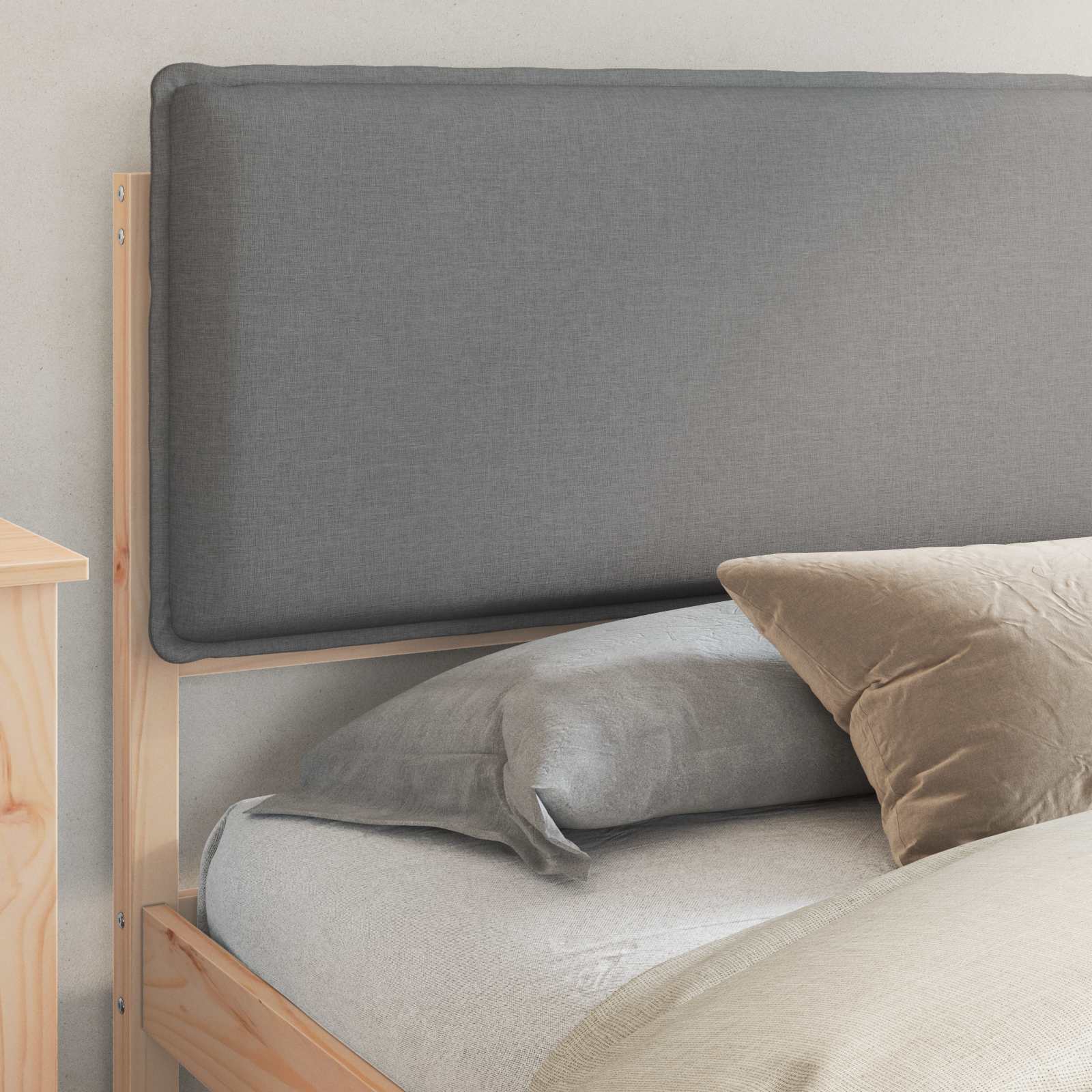 Estrutura de cama com cabeceira estofada cinzento-claro