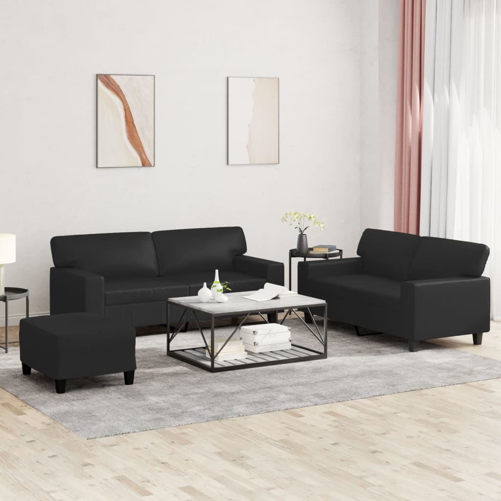 3 Pcs conjunto de sofás couro artificial preto