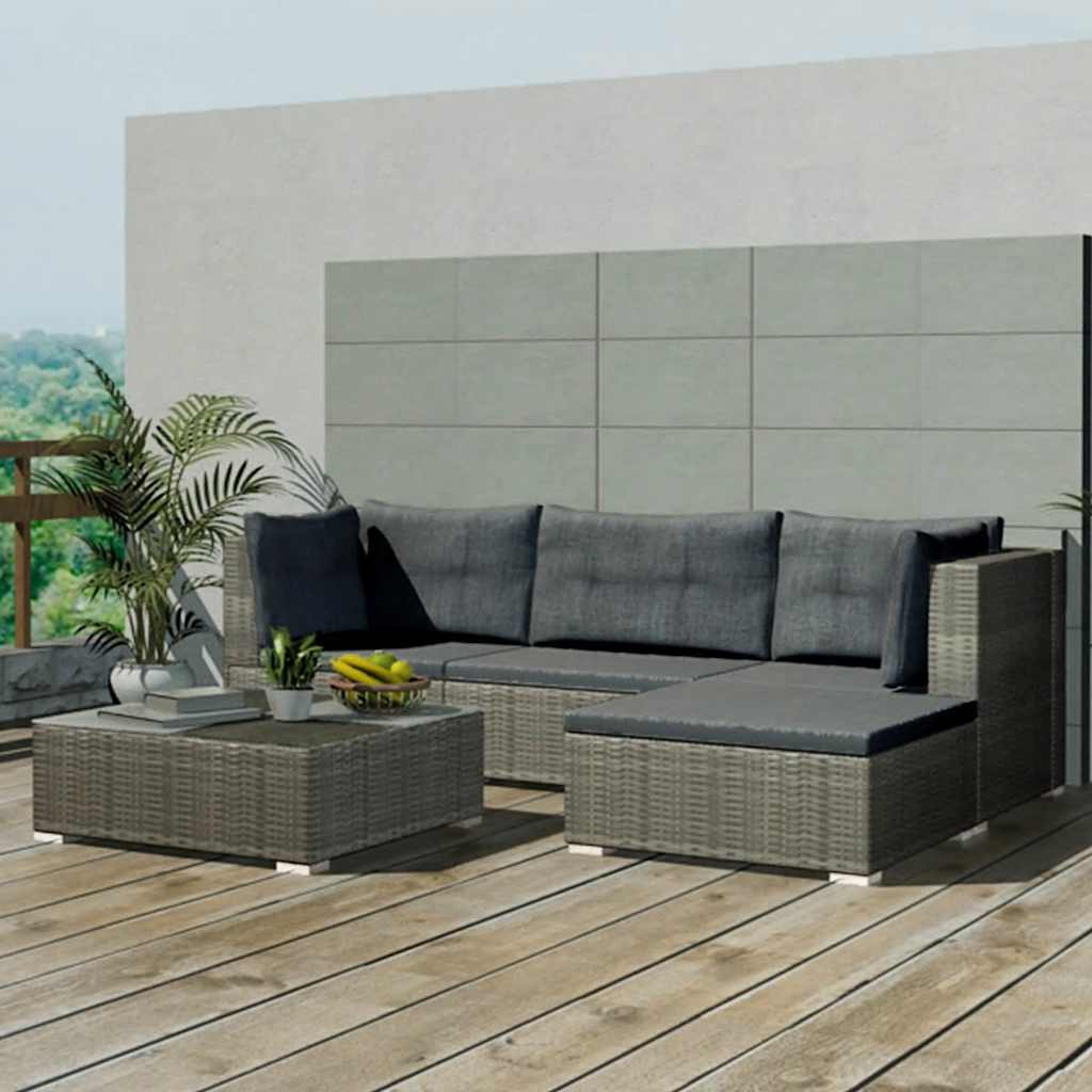 5 Pcs conjunto lounge de jardim c/ almofadões vime PE cinzento