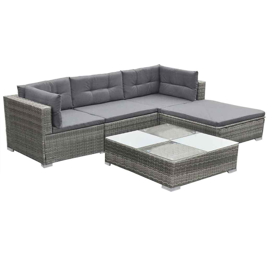 5 Pcs conjunto lounge de jardim c/ almofadões vime PE cinzento