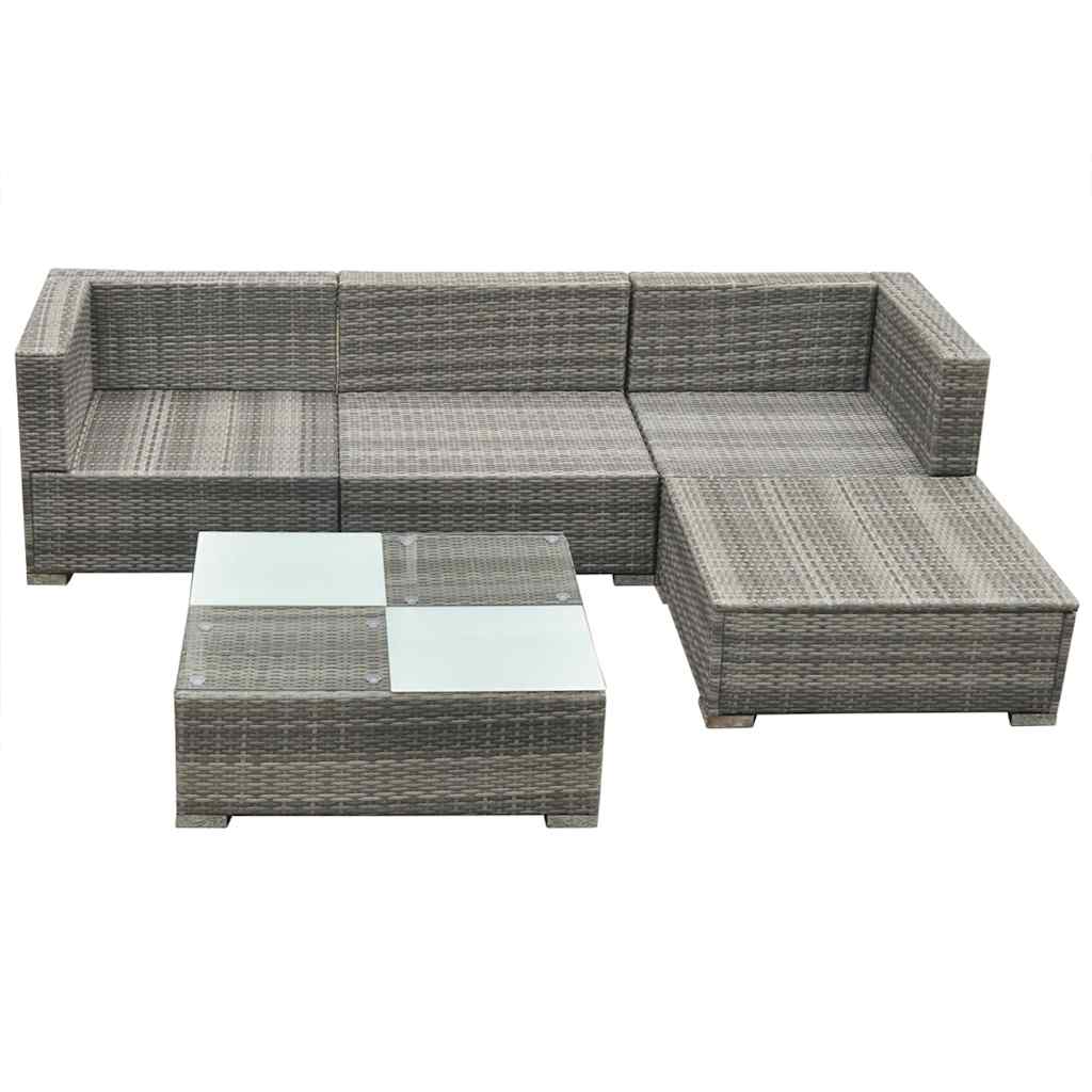 5 Pcs conjunto lounge de jardim c/ almofadões vime PE cinzento