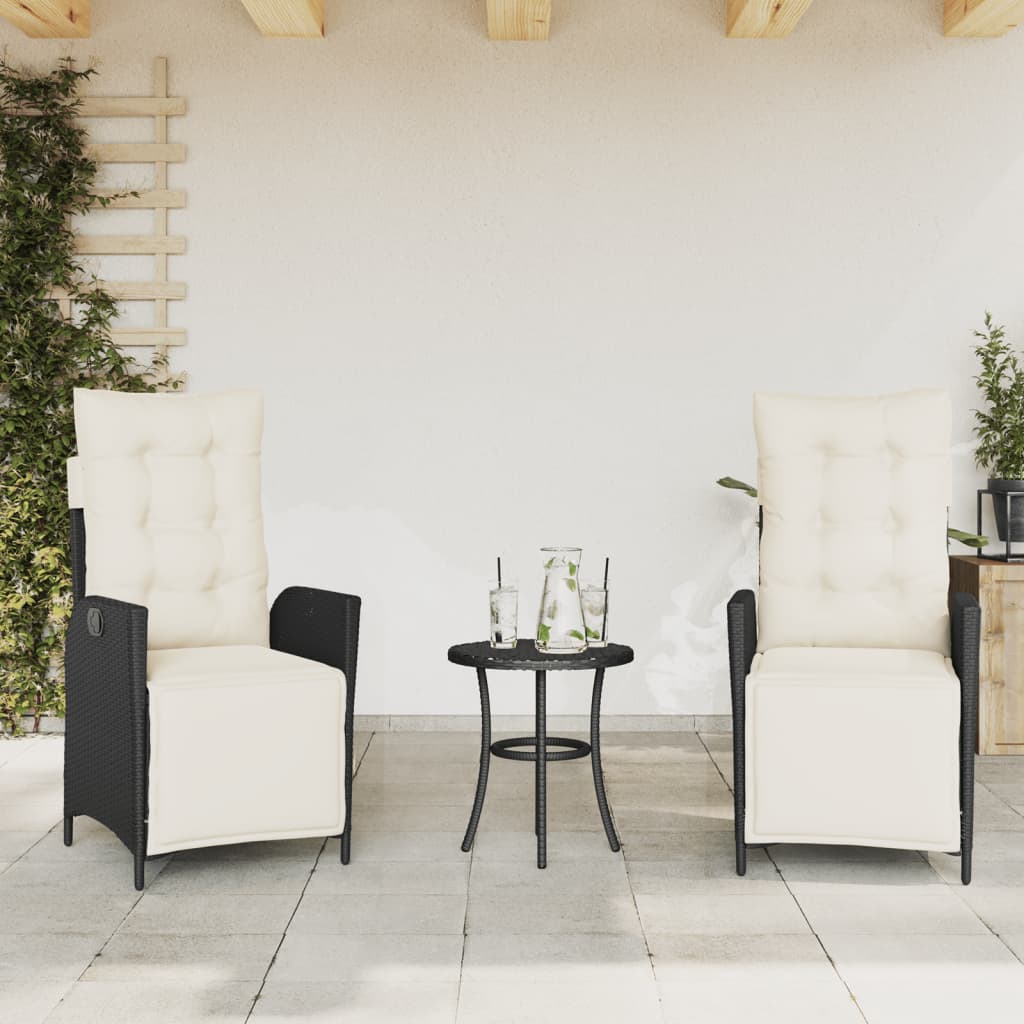 3 Pcs conjunto de bistrô com almofadões vime PE preto