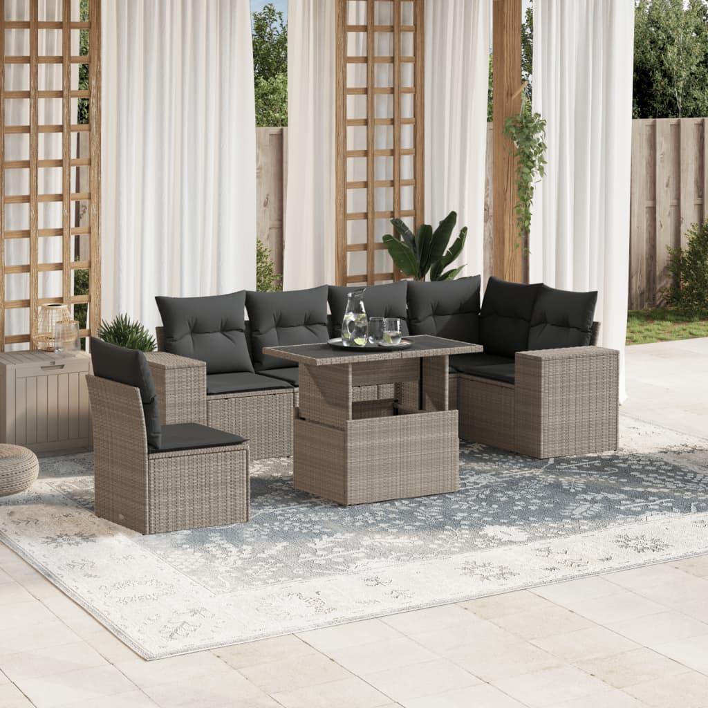 7 Pcs conj. sofás jardim com almofadões vime PE cinzento-claro