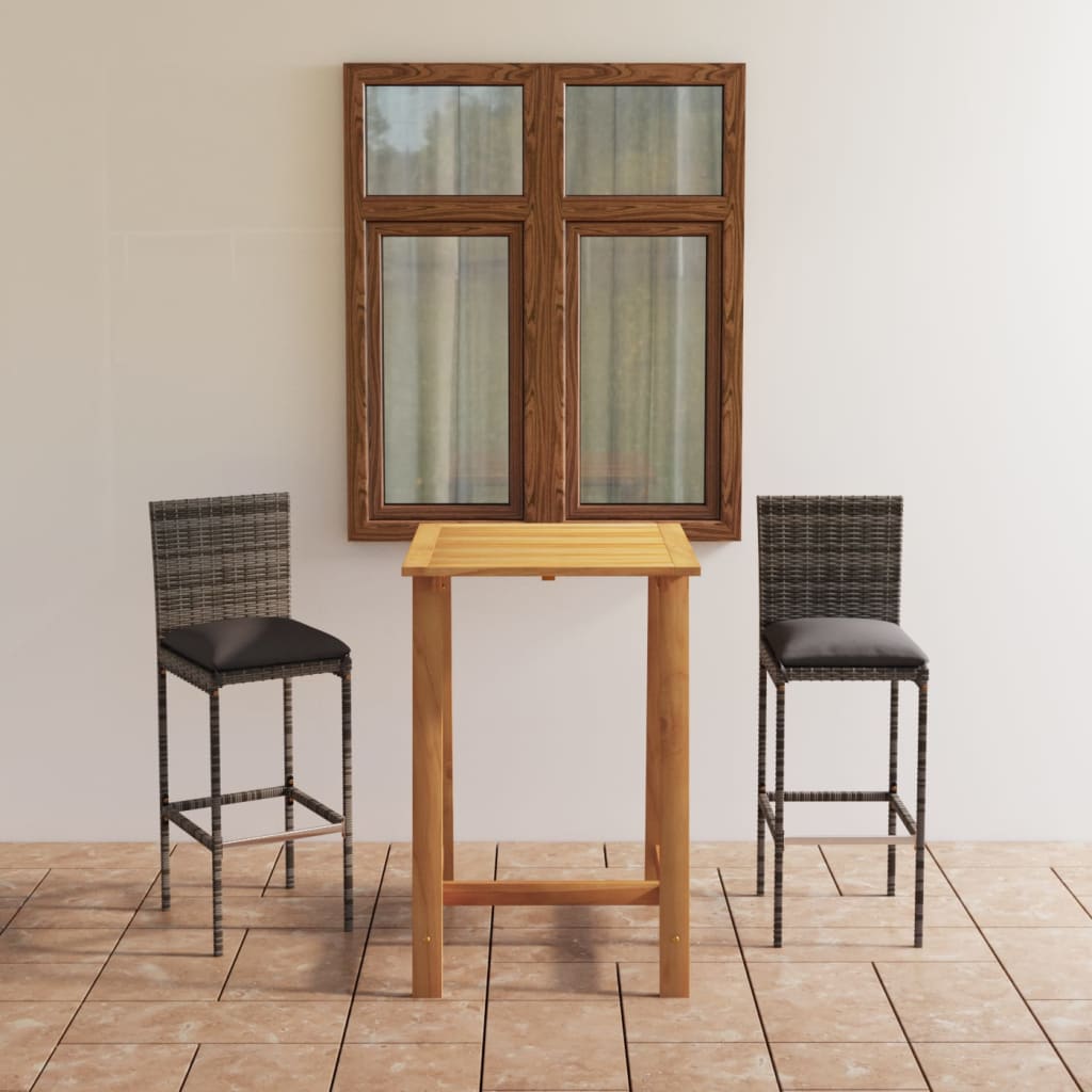 3 Pcs conjunto de bar para jardim com almofadões cinzento