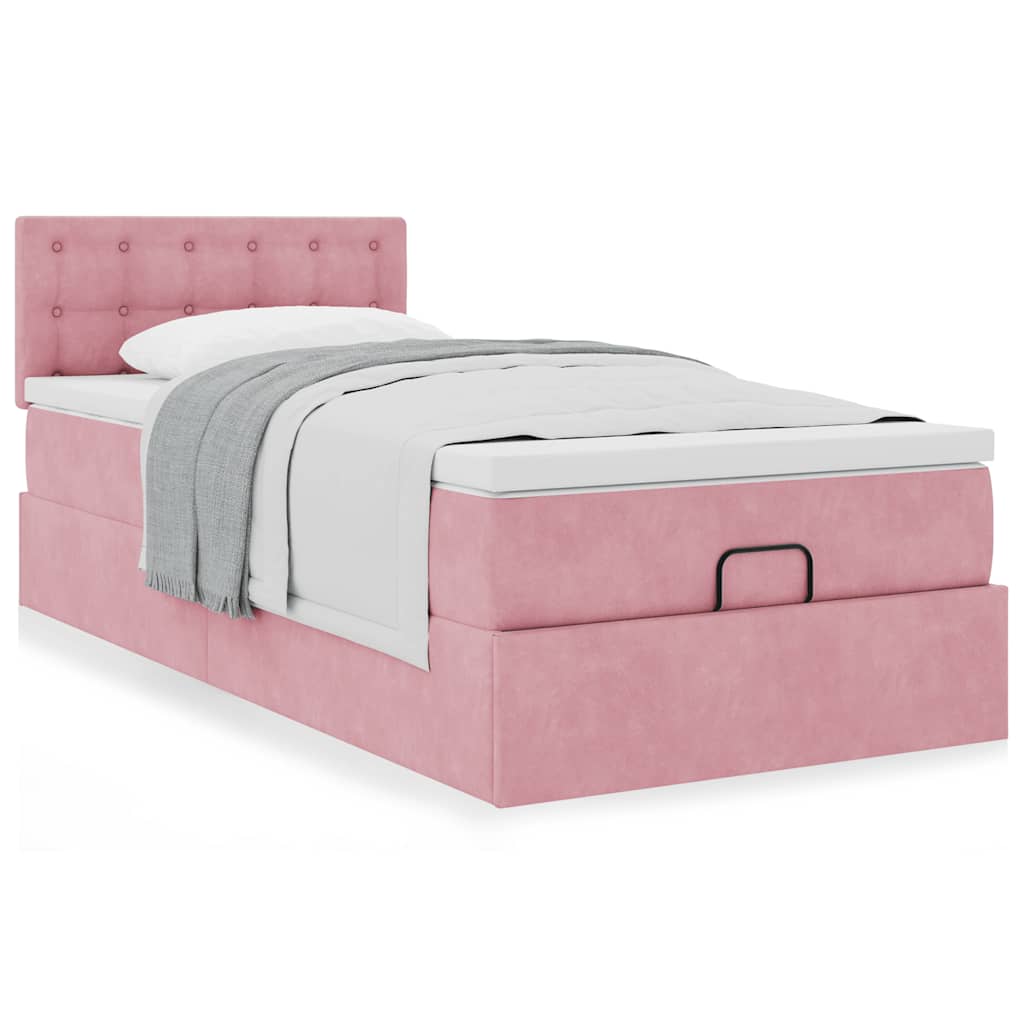 Estrutura de cama otomana com colchão rosa 90x200cm veludo