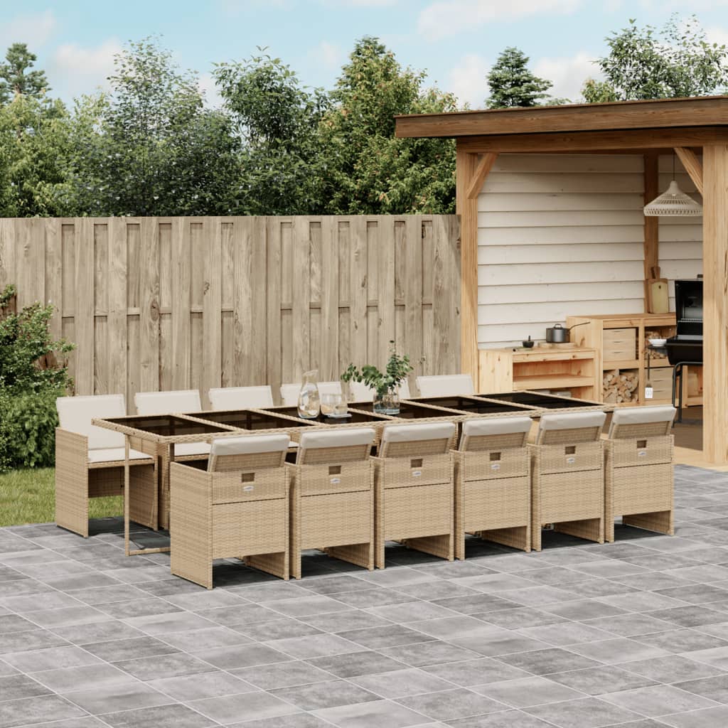 13 Pcs conjunto de jantar p/ jardim com almofadões vime PE bege