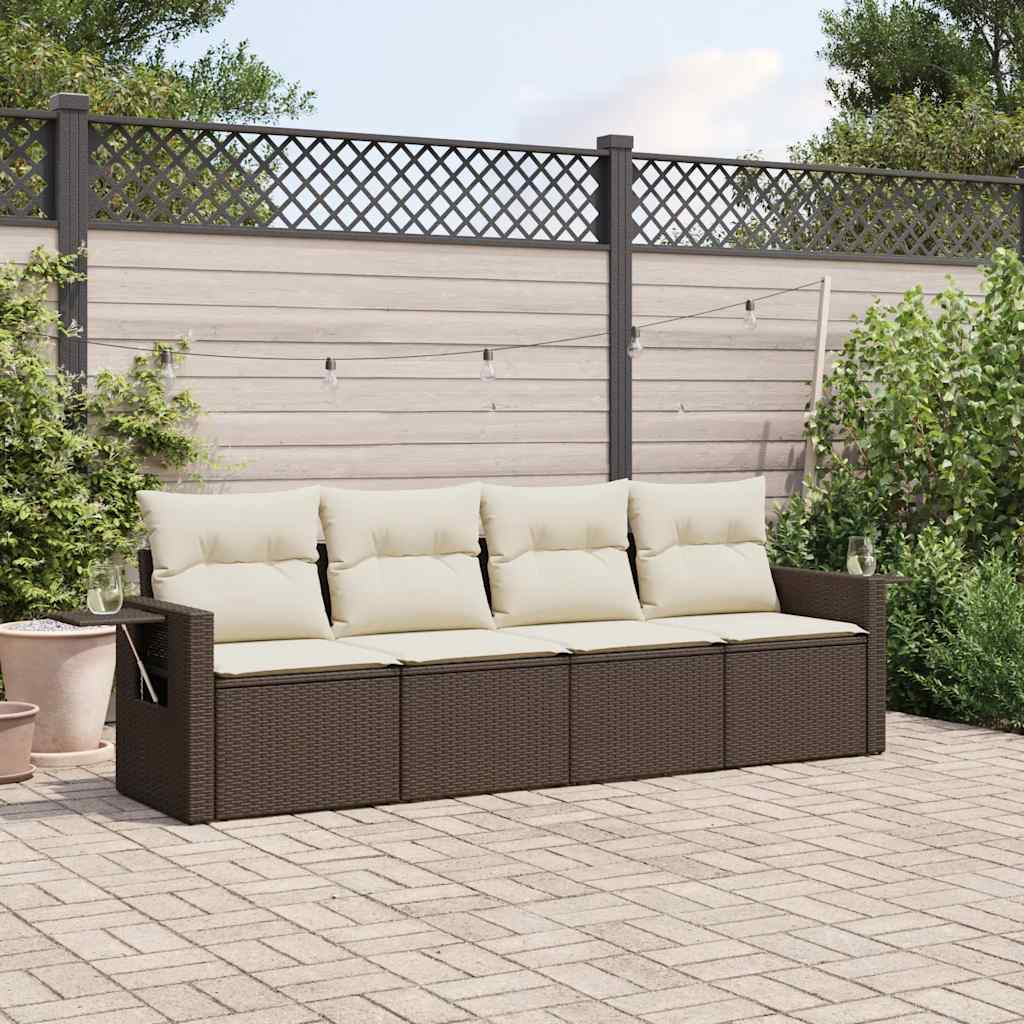 4 Pcs conjunto sofás de jardim c/ almofadões vime PE castanho