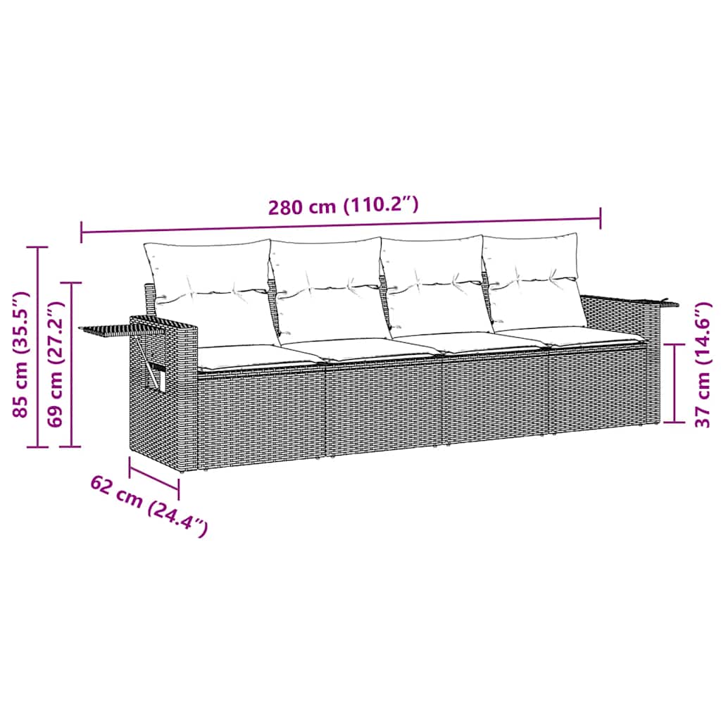 4 Pcs conjunto sofás de jardim c/ almofadões vime PE castanho