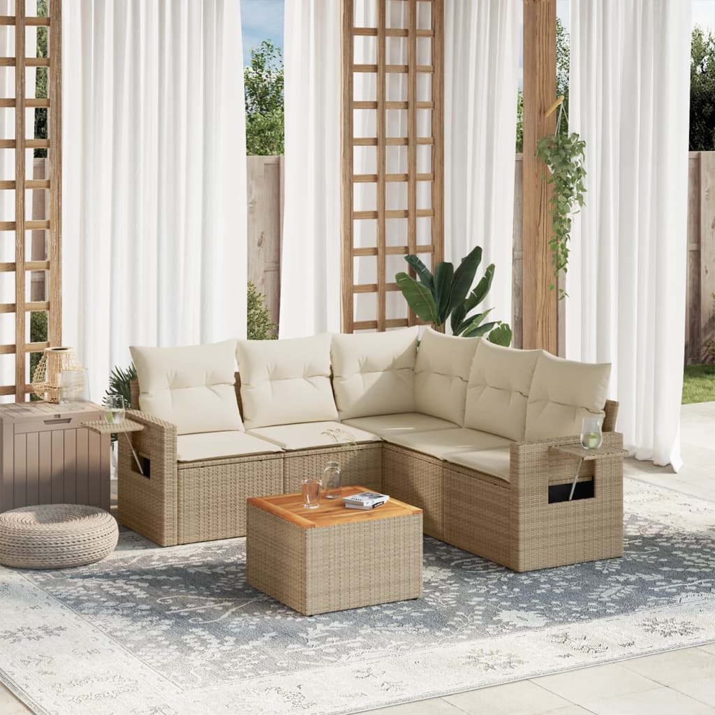 6 Pcs conjunto de sofás p/ jardim com almofadões vime PE bege
