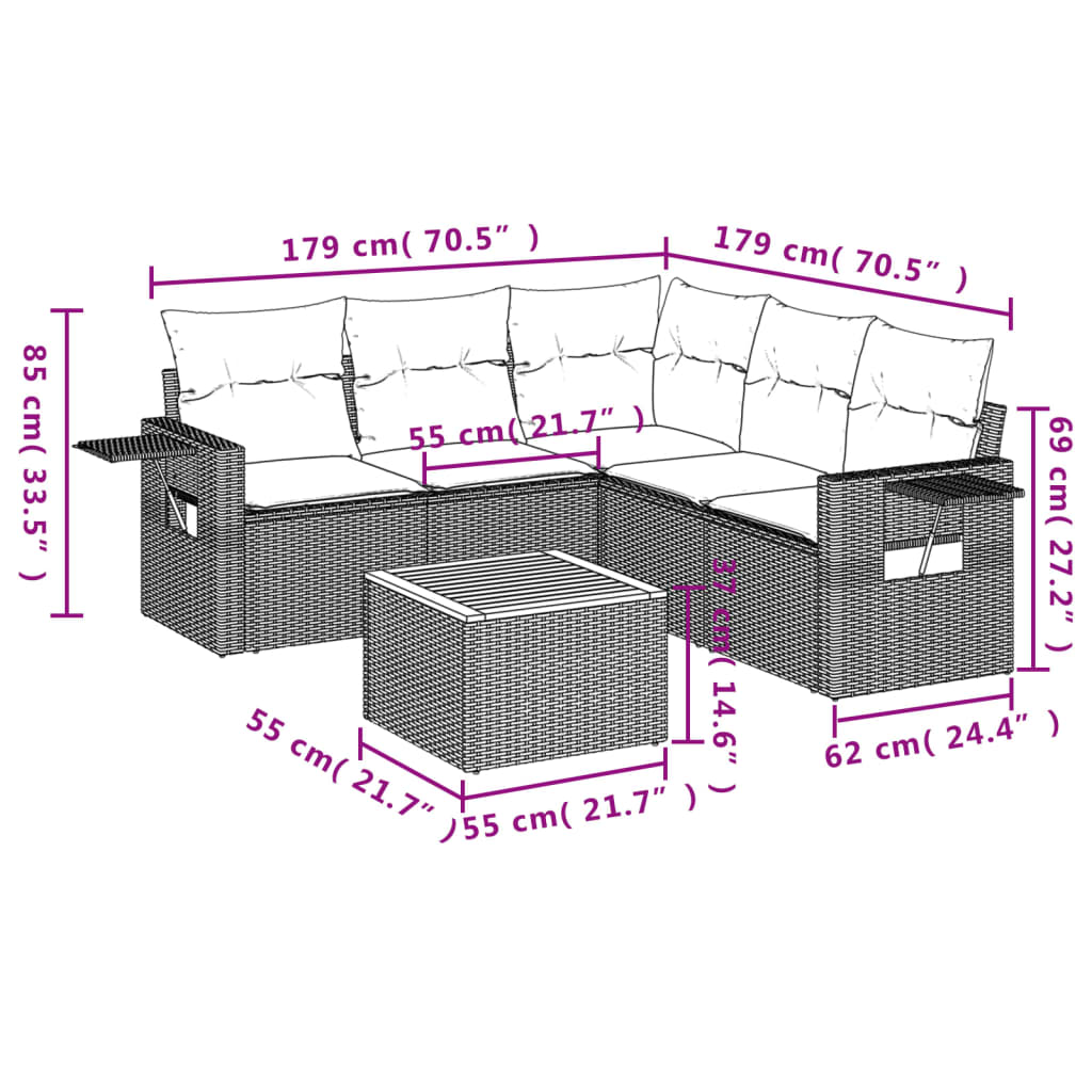 6 Pcs conjunto de sofás p/ jardim com almofadões vime PE bege
