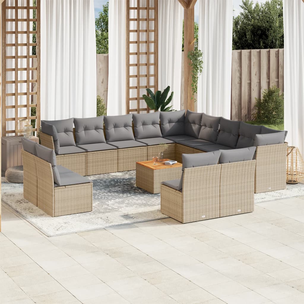 14 Pcs conjunto de sofás p/ jardim com almofadões vime PE bege