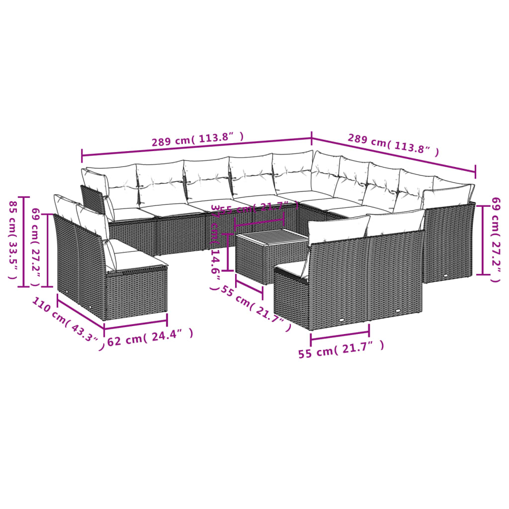 14 Pcs conjunto de sofás p/ jardim com almofadões vime PE bege