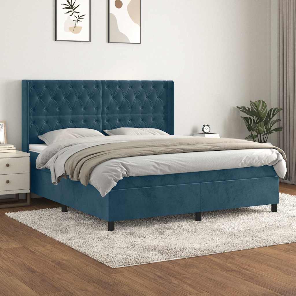 Cama com molas/colchão 160x200 cm veludo azul-escuro