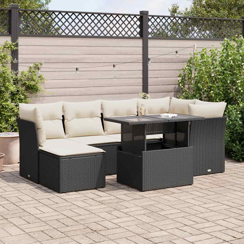 7 Pcs conjunto de sofás p/ jardim c/ almofadões vime PE preto
