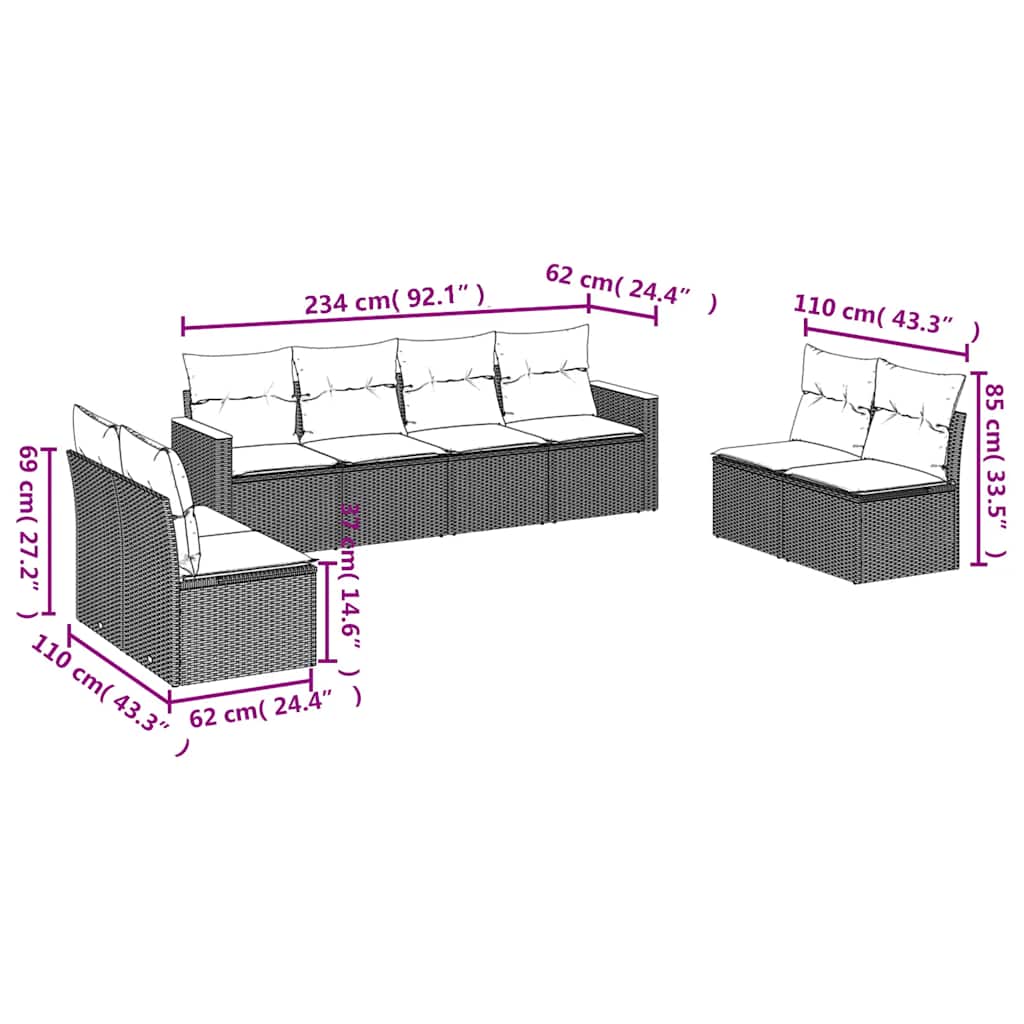 8 Pcs conjunto sofás de jardim com almofadões vime PE preto