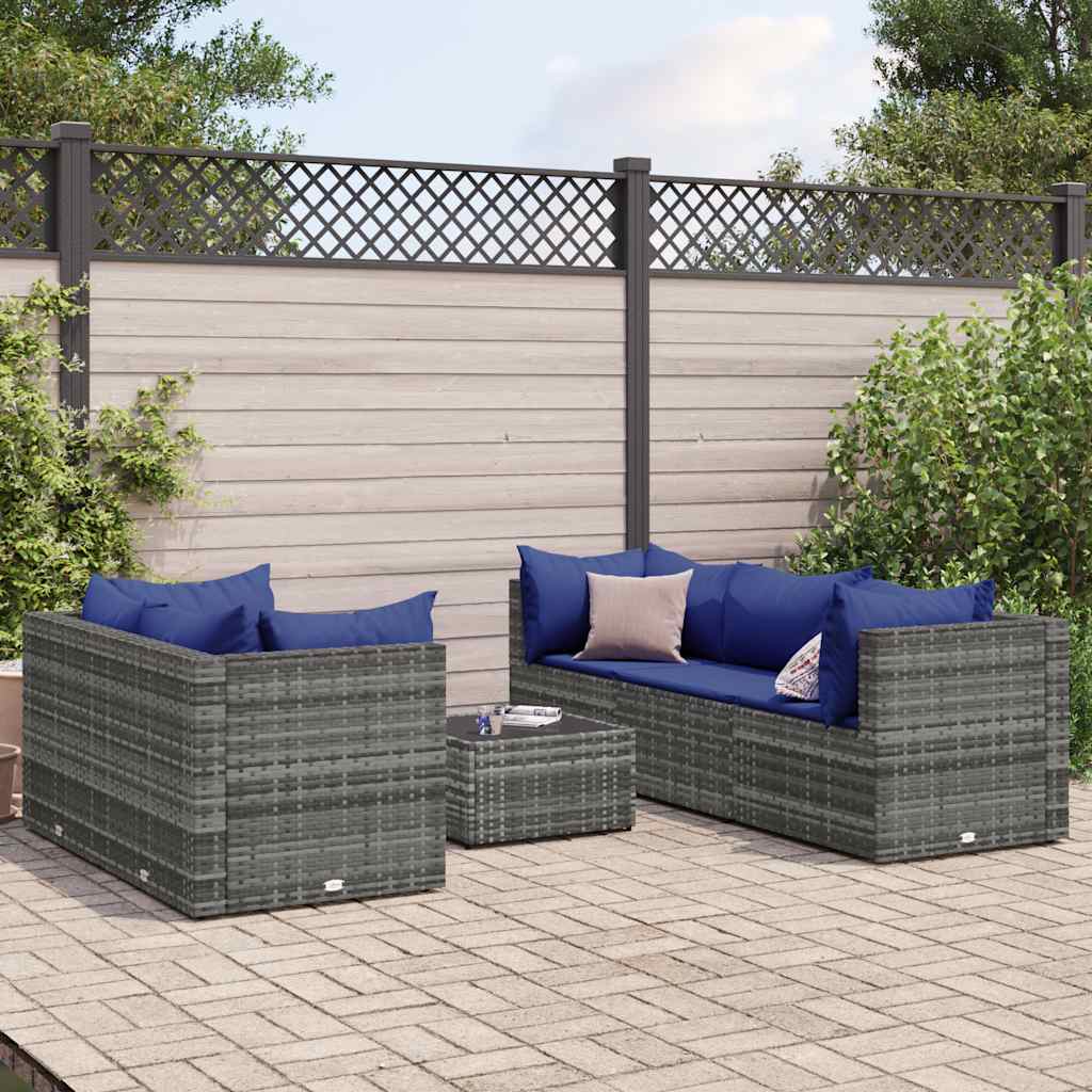 6 Pcs conjunto lounge de jardim c/ almofadões vime PE cinzento