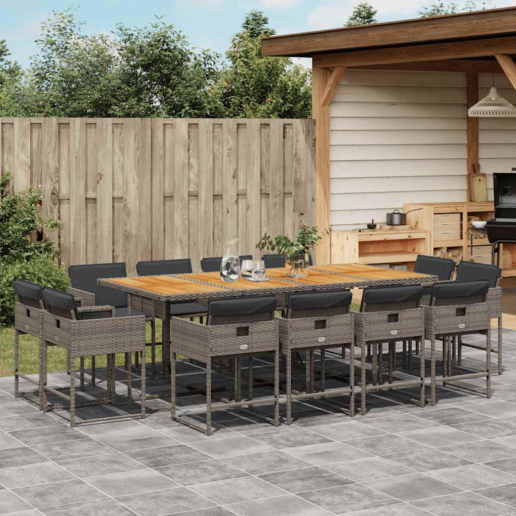13 Pcs conjunto jantar p/ jardim c/ almofadões vime PE cinzento