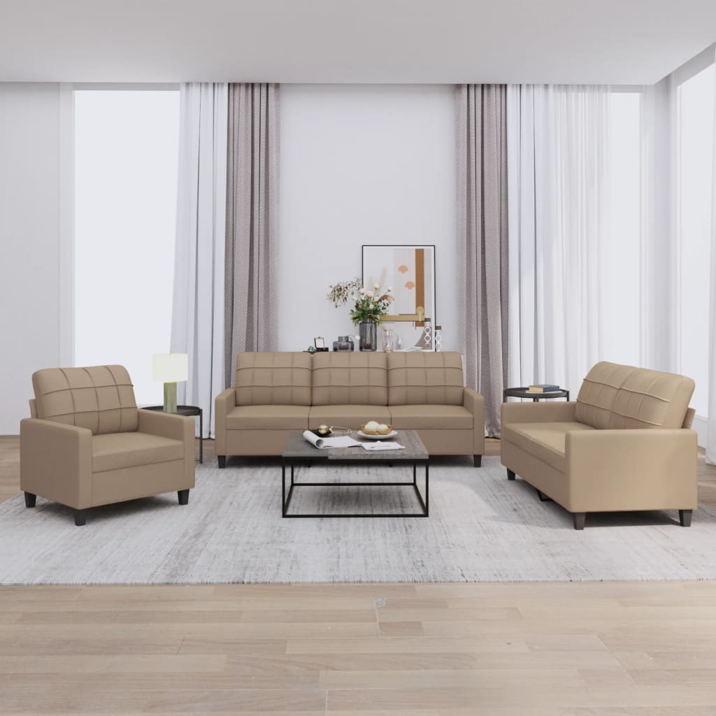 3 Pcs conjunto sofás c/ almofadões couro artificial cappuccino