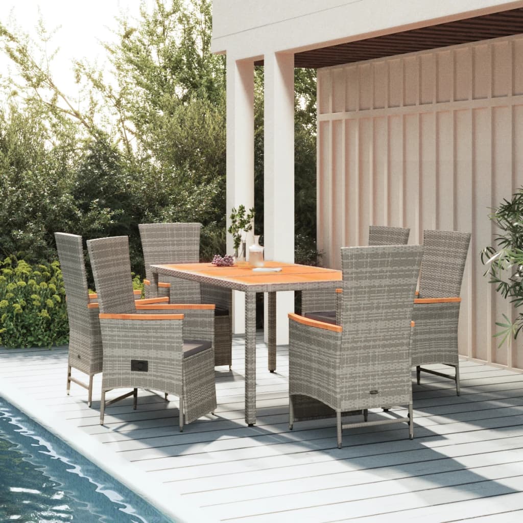 7 Pcs conjunto de jantar p/ jardim c/ almofadões vime PE cinza