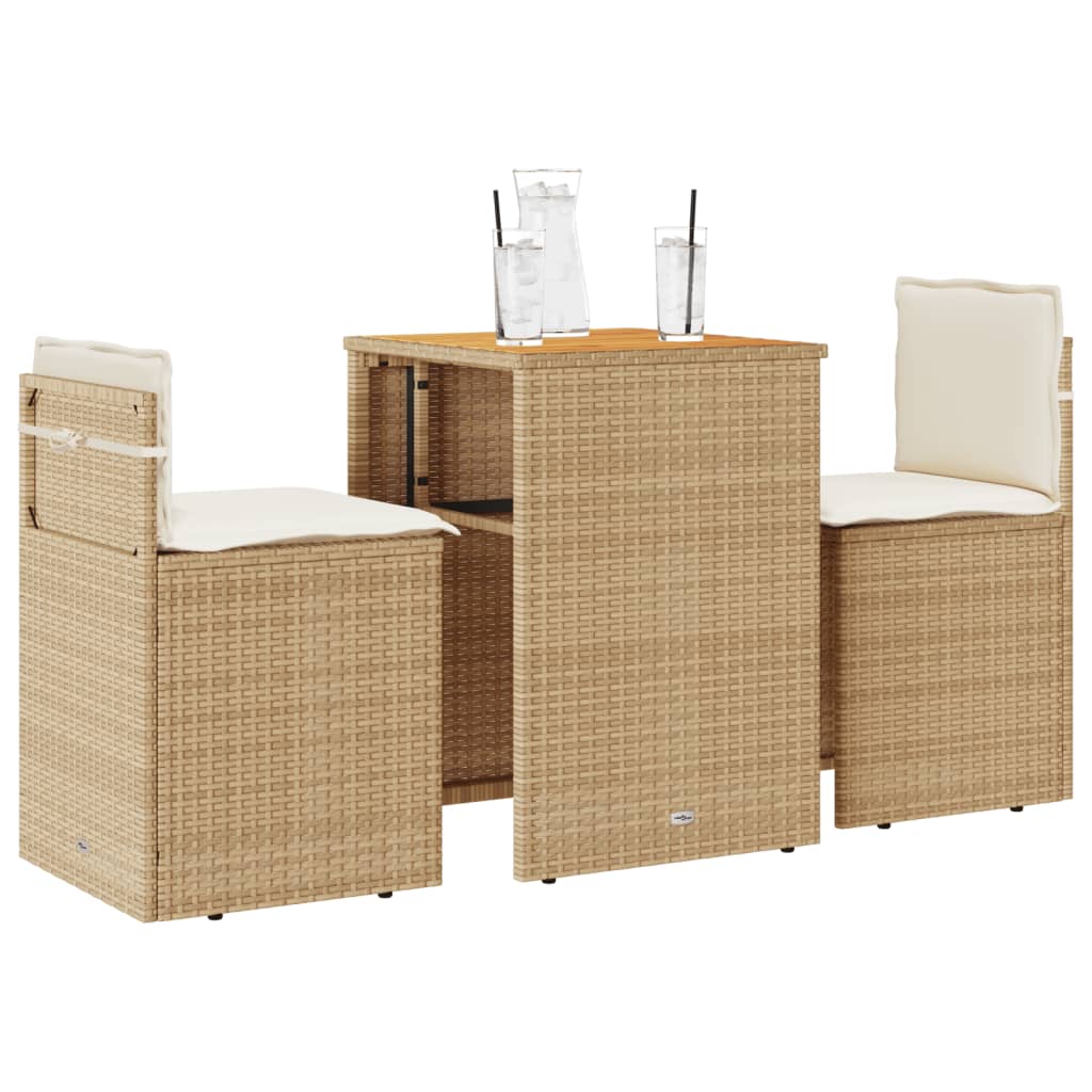 3 Pcs conjunto bistrô com almofadões vime PE bege
