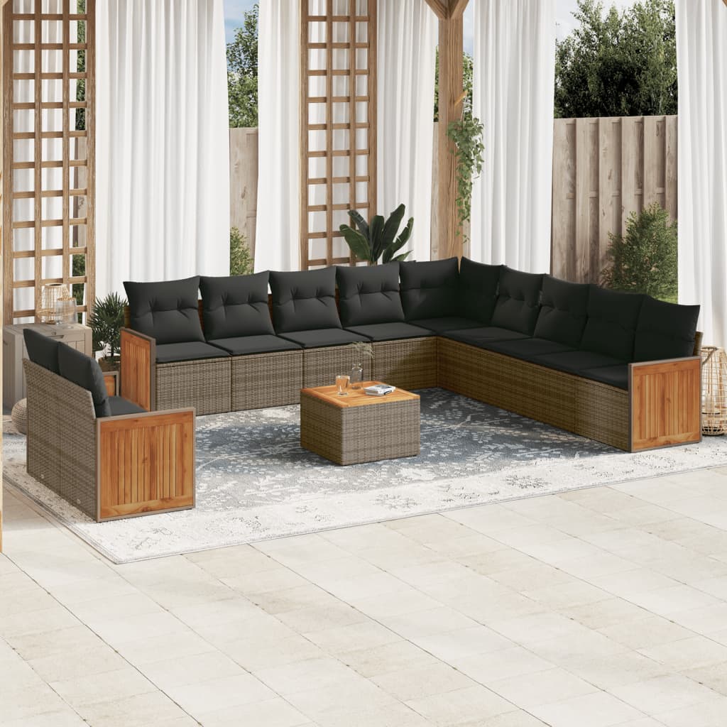 12 Pcs conjunto de sofás jardim c/ almofadões vime PE cinzento