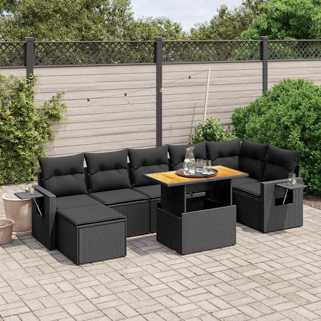 8 Pcs conjunto sofás de jardim com almofadões vime PE preto