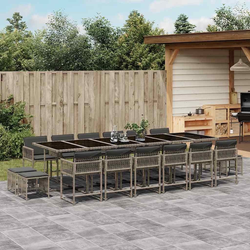 17 Pcs conj. de jantar p/ jardim c/ almofadões vime PE cinzento