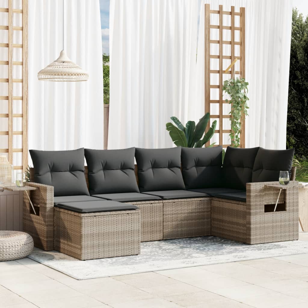 6 Pcs conj. sofás jardim com almofadões vime PE cinzento-claro