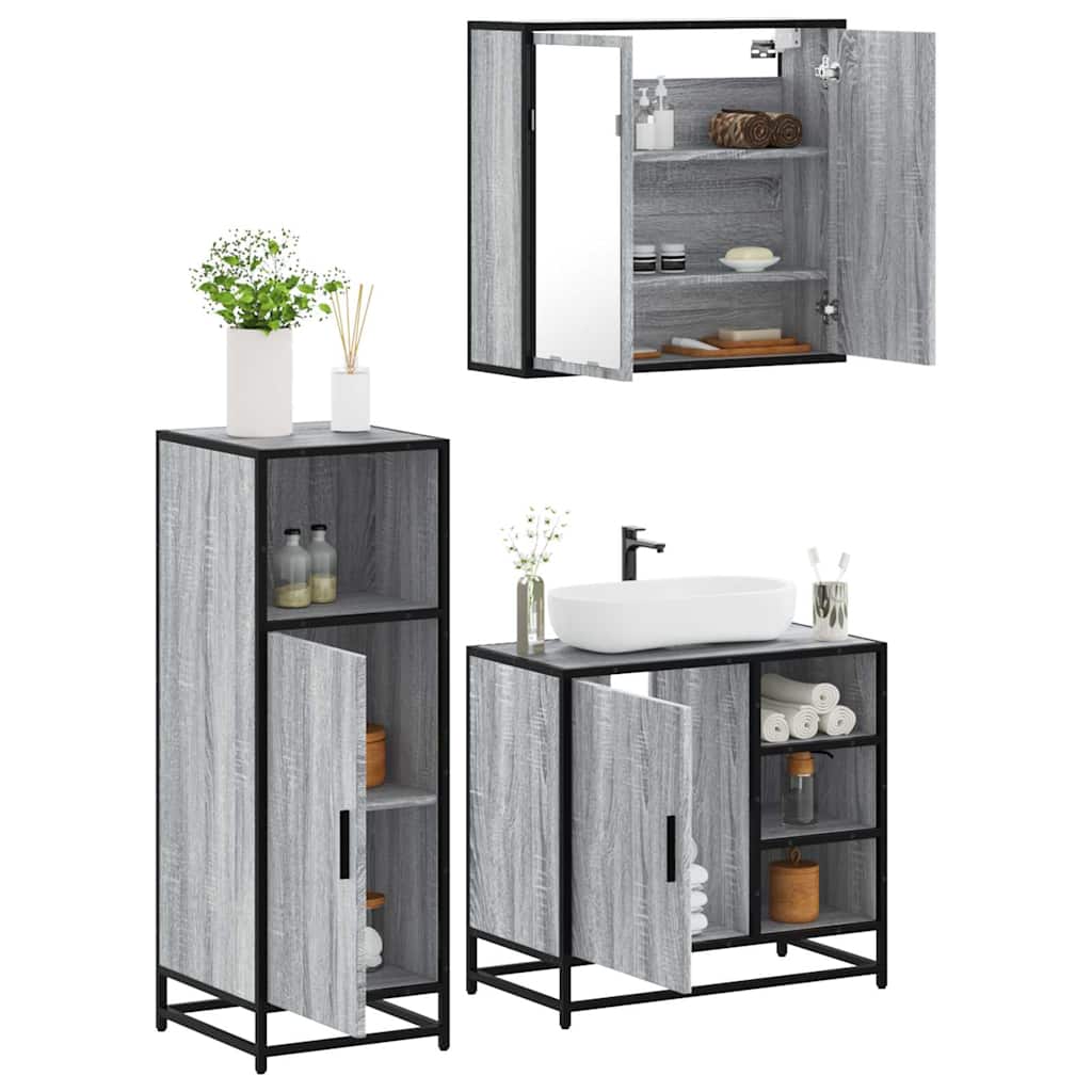 3 Pcs conjunto móveis casa de banho madeira proc. cinza sonoma