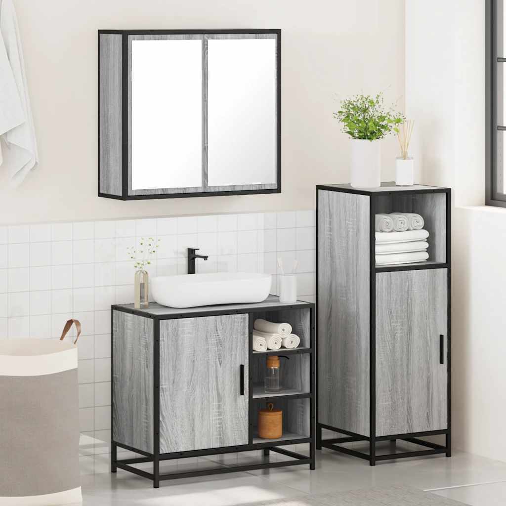 3 Pcs conjunto móveis casa de banho madeira proc. cinza sonoma