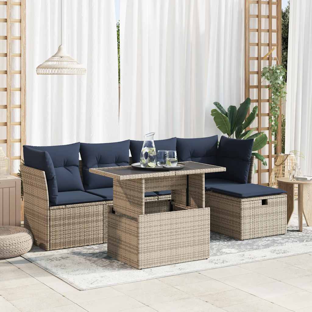 6 Pcs conjunto sofás jardim com almofadões PE/acácia cinzento