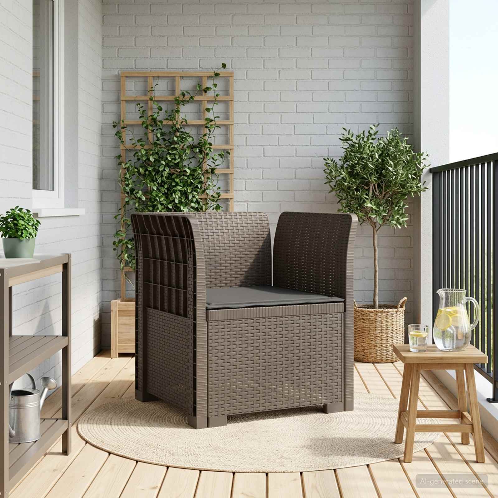 Poltrona 1 lugar com almofada look rattan PP cinzento-claro