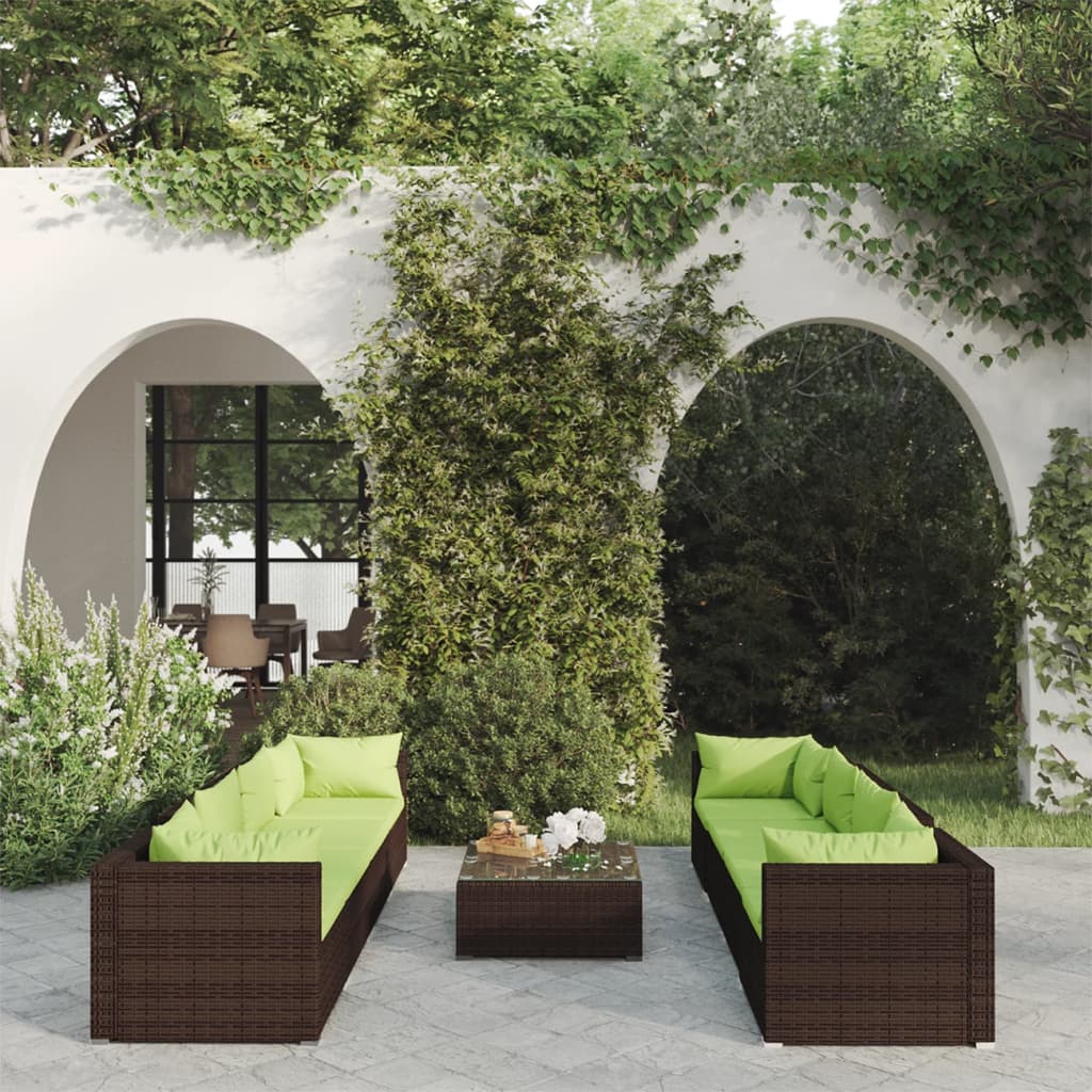 9 Pcs conjunto lounge de jardim c/ almofadões vime PE castanho