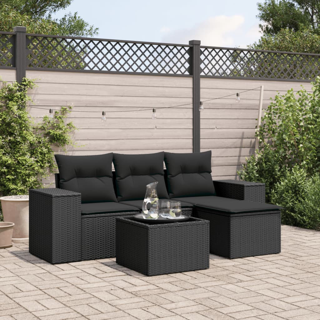 5 Pcs conjunto sofás de jardim com almofadões vime PE preto
