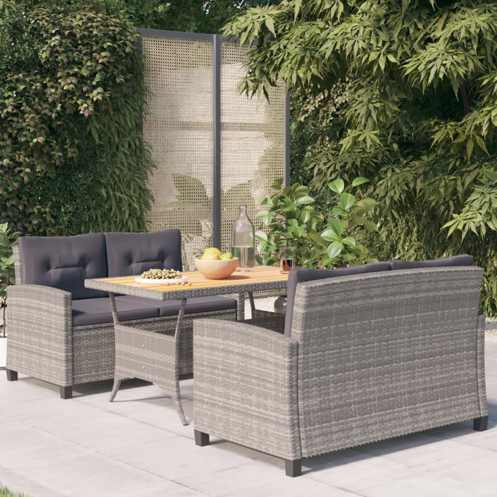 3 Pcs conjunto jantar p/ jardim c/ almofadões vime PE cinzento