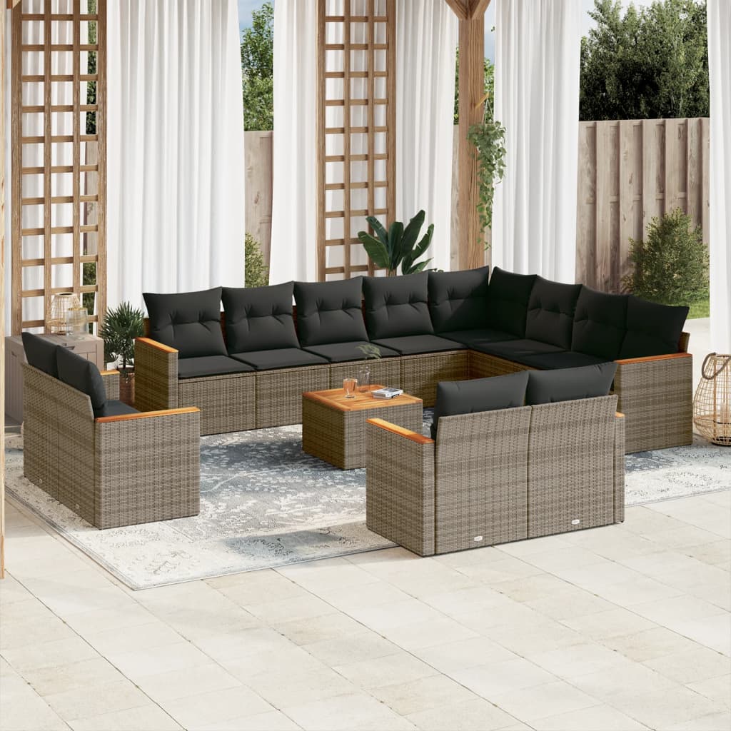 13 Pcs conjunto sofás p/ jardim c/ almofadões vime PE cinzento