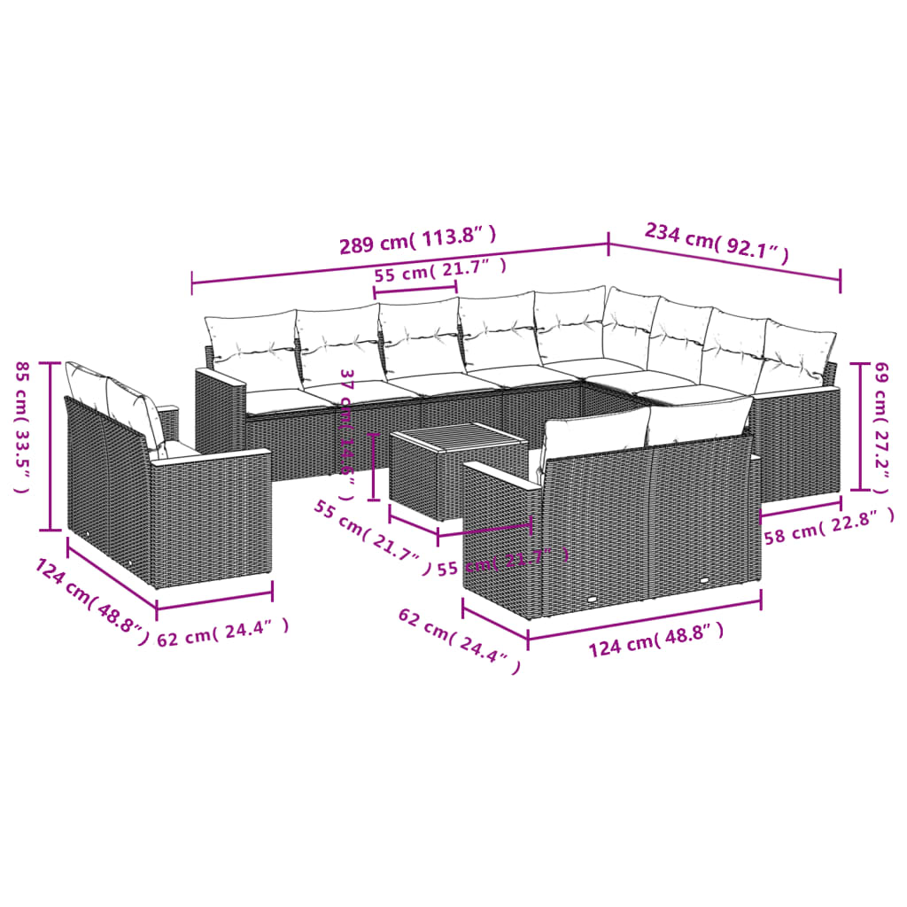 13 Pcs conjunto sofás p/ jardim c/ almofadões vime PE cinzento