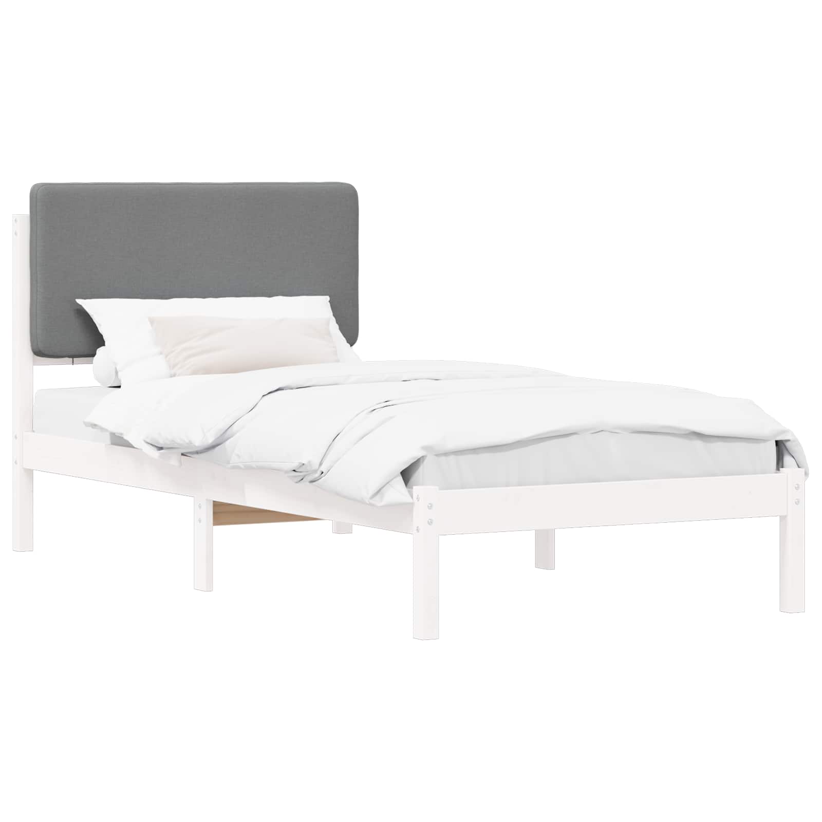 Estrutura de cama com cabeceira estofada cinzento-claro