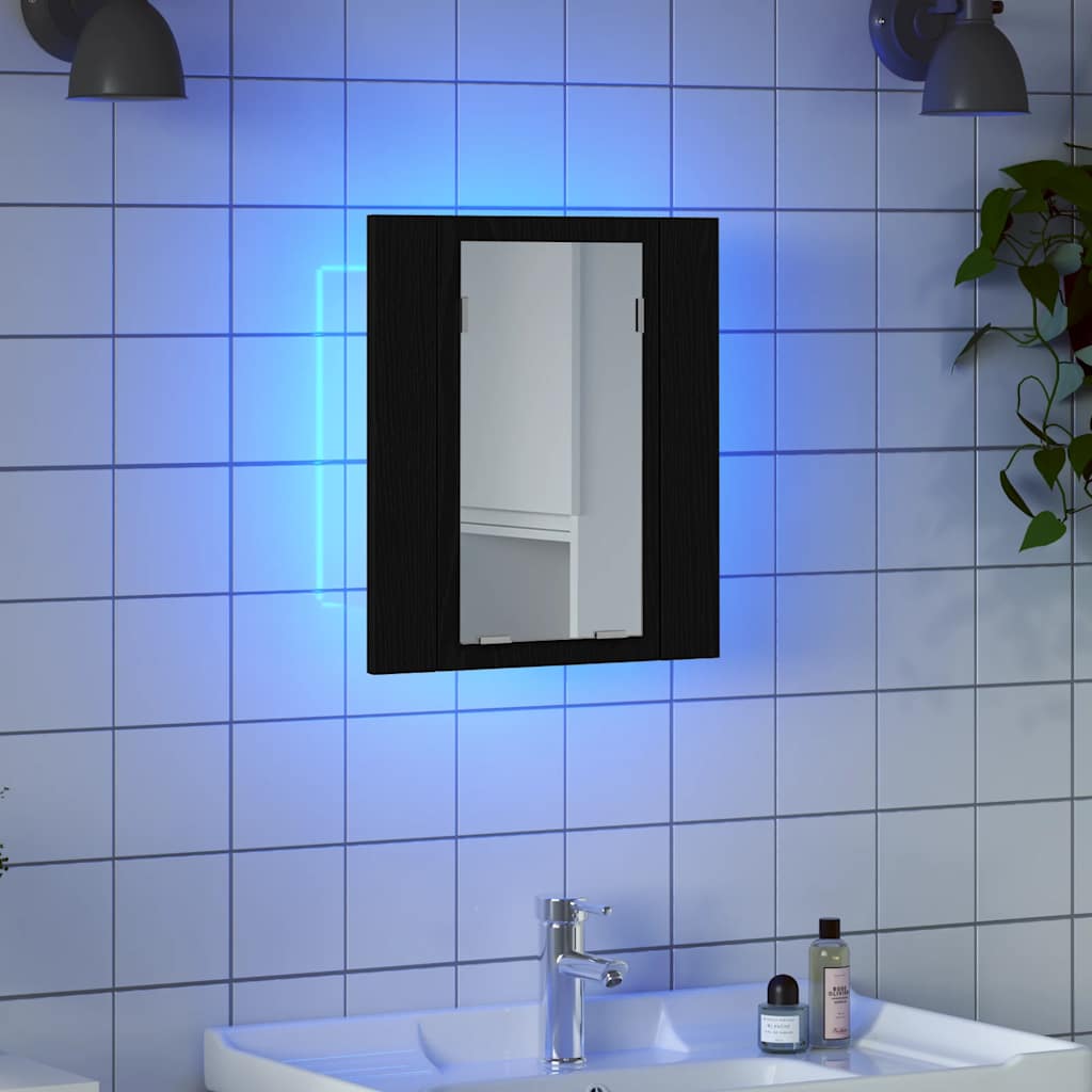 Armário de banheiro com espelho LED em carvalho preto, 40x12x45 cm, madeira engenheirada