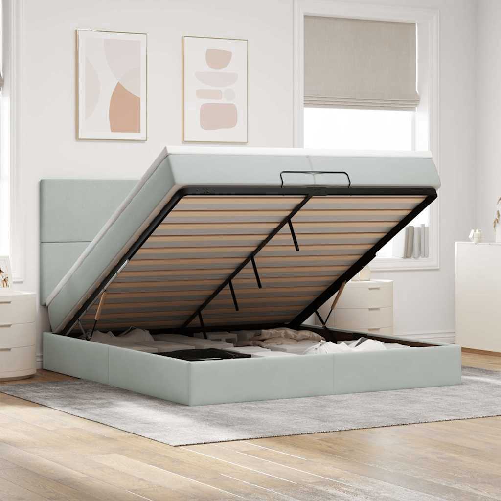 Estrutura cama otomana colchões 200x200cm veludo cinzento claro