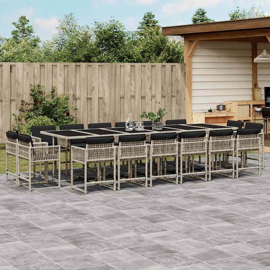 17 Pcs conj. jantar jardim c/ almofadões vime PE cinzento-claro