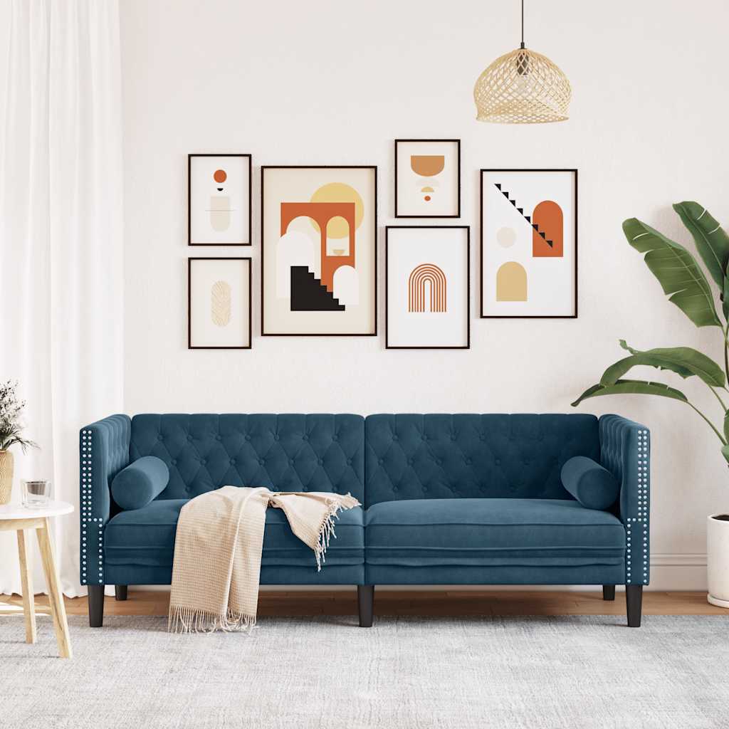 Sofá chesterfield com rolos 3 lugares veludo preto