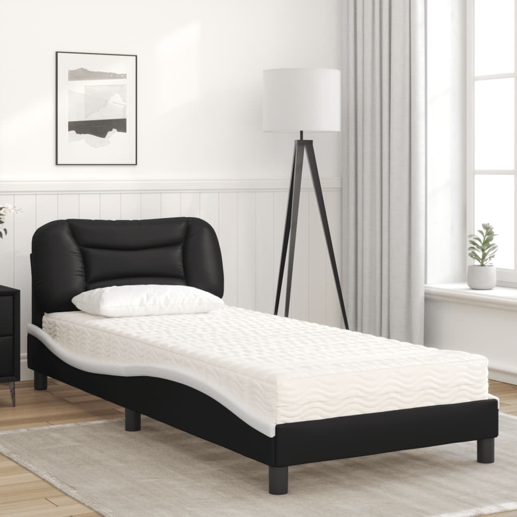 Cama com colchão hvar 90x190 cm couro artificial preto e branco