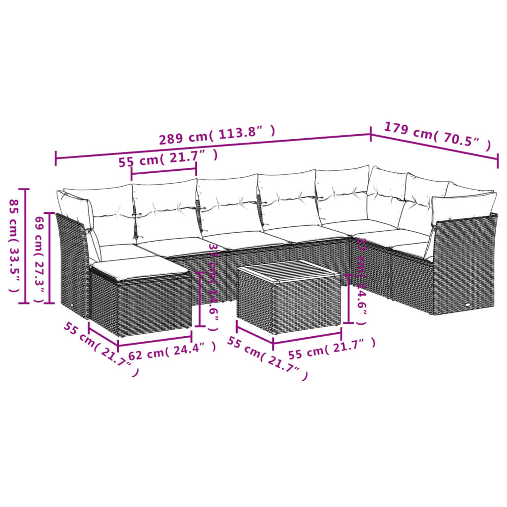 9 Pcs conjunto de sofás p/ jardim com almofadões vime PE bege