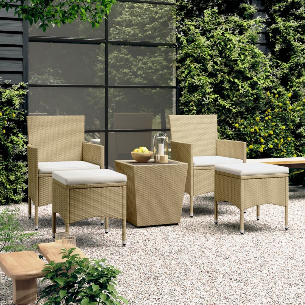 5 Pcs conjunto bistrô de jardim vime PE e vidro temperado bege