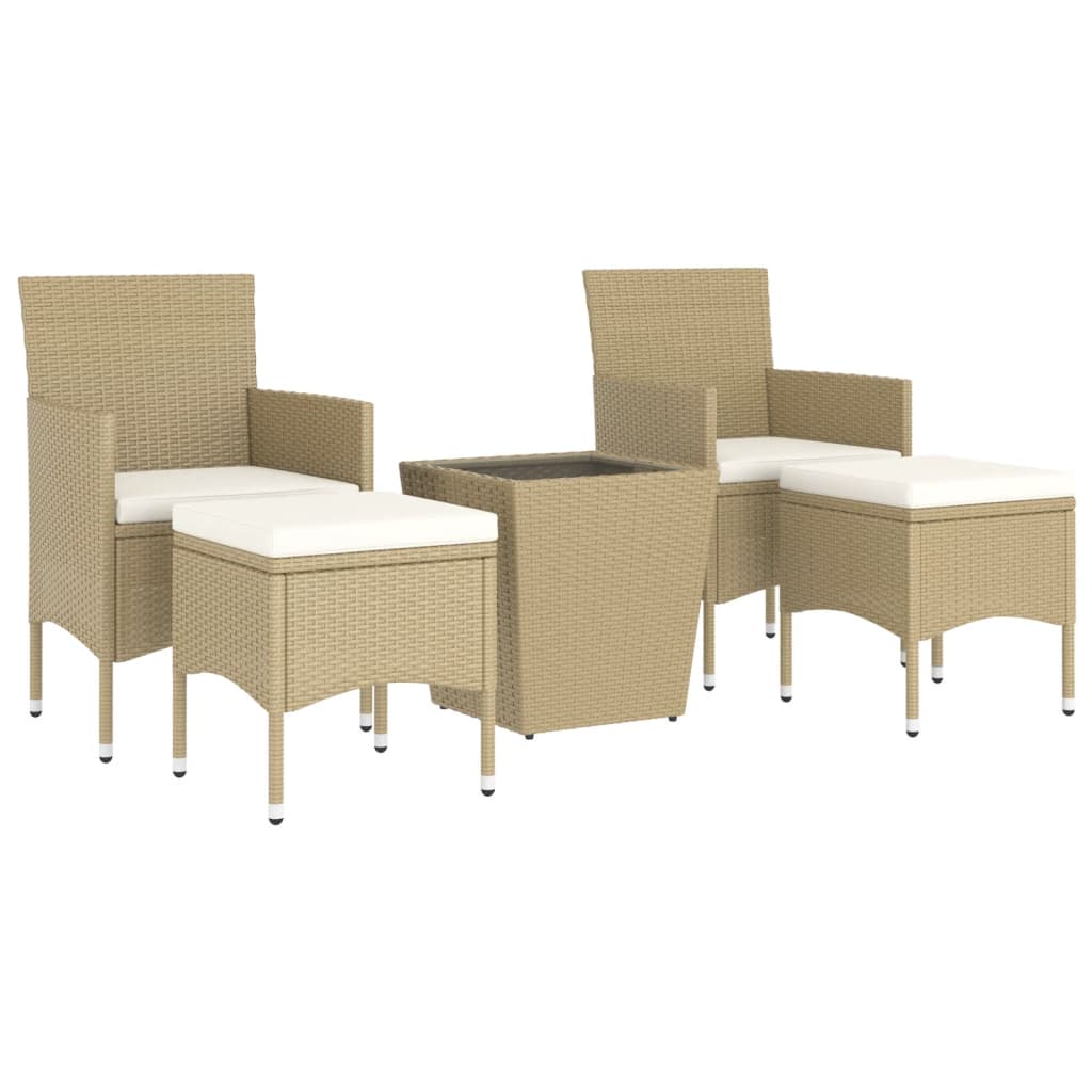 5 Pcs conjunto bistrô de jardim vime PE e vidro temperado bege