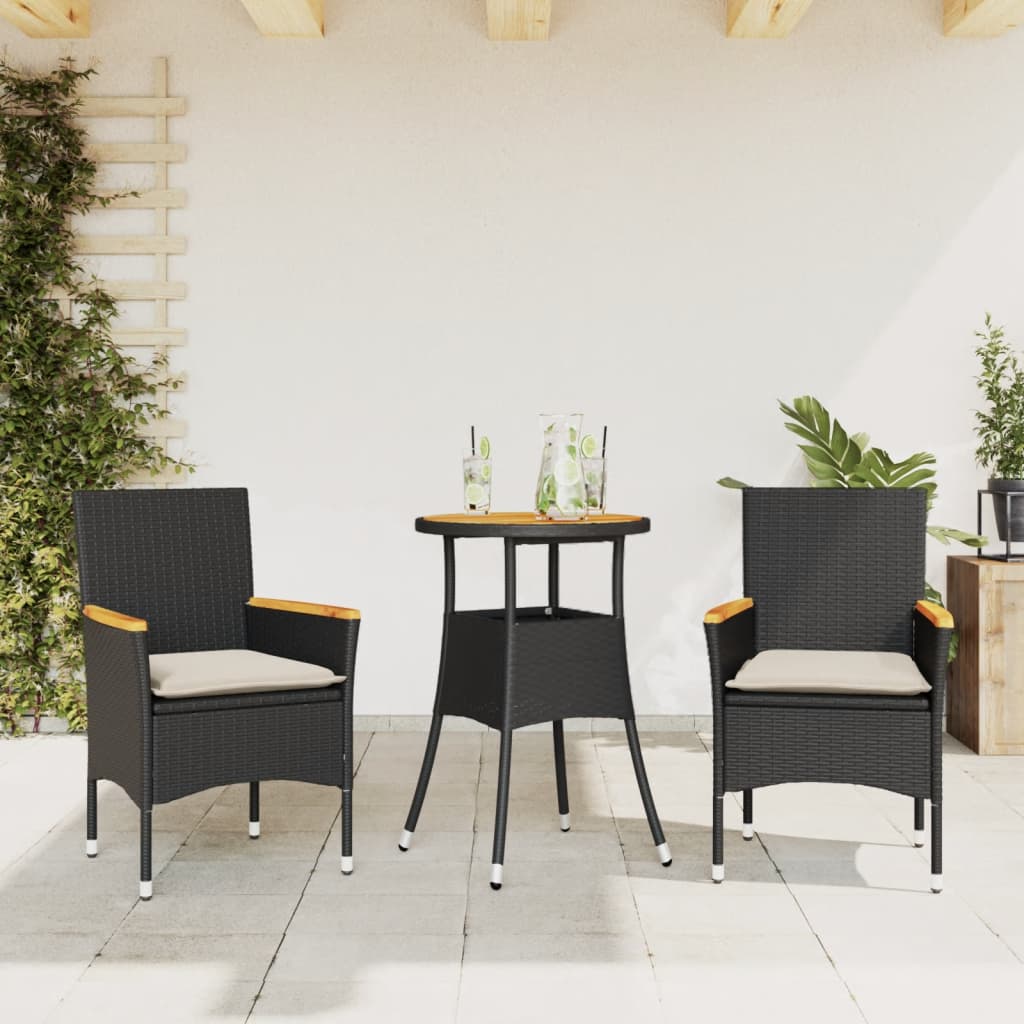 3 Pcs conjunto jantar jardim c/ almofadões vime PE/acácia preto